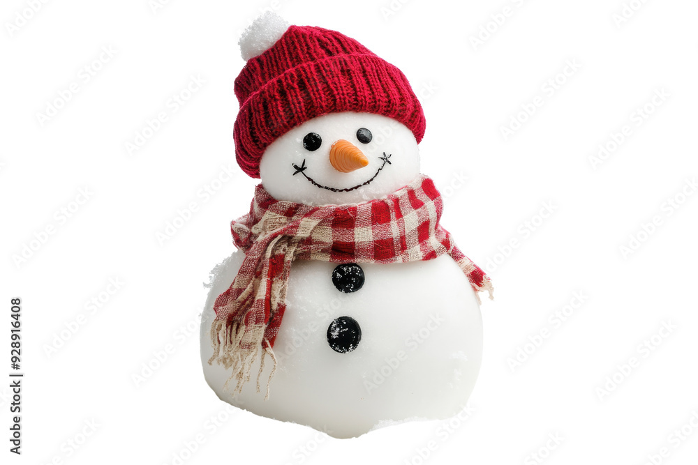 Cheerful snowman with a red knit hat and plaid scarf, perfect for winter themes and festive holiday decorations. Cheerful snowman with a red knit hat and plaid scarf, perfect for winter themes and festive holiday decorations.
