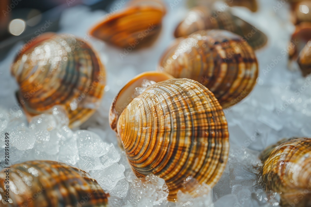 Clams on Ice at the Market. Fresh Seafood with Copy Space in Brown Shell Clams on Ice at the Market. Fresh Seafood with Copy Space in Brown Shell