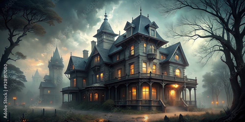 Obraz premium Haunted Victorian Mansion in Fog: Spooky ambience, eerie gray tones, looming architecture, ghostly whispers, flickering shadows