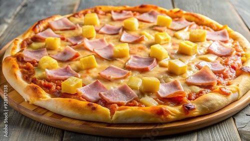 Hawaiian Pizza with Tangy Twist: Isolated pineapple and ham toppings on a pizza, showcasing the sweet and salty contrast photo