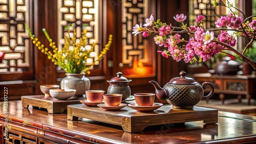 Elegant table setting with traditional Chinese teaware, intricately carved wooden table, and delicate flowers, evoking serenity and refinement in a timeless cultural tradition. photo