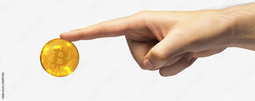 Fototapeta premium Hand pointing at a gold bitcoin coin.