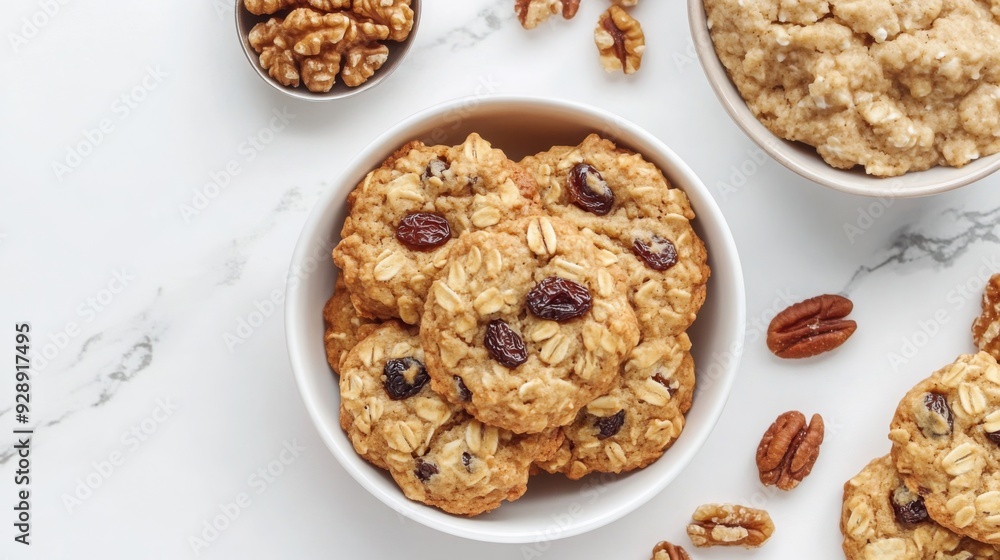 A bowl filled with oatmeal cookies featuring raisins and nuts, surrounded by scattered ingredients on a marble surface. A bowl filled with oatmeal cookies featuring raisins and nuts, surrounded by scattered ingredients on a marble surface.