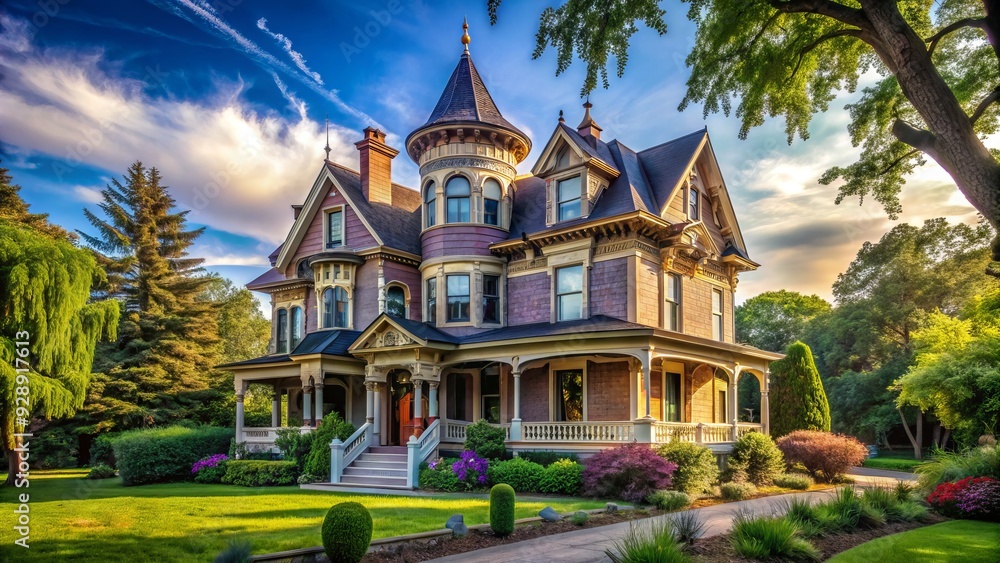 Elegant Victorian-style mansion with ornate facade, turrets, and sprawling porch, surrounded by lush greenery and mature trees, evoking classic American charm and nostalgia. Elegant Victorian-style mansion with ornate facade, turrets, and sprawling porch, surrounded by lush greenery and mature trees, evoking classic American charm and nostalgia.