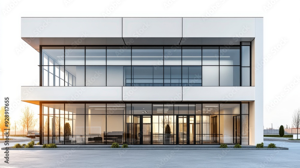 Modern office building with large glass windows and a clean, minimalist exterior. Modern office building with large glass windows and a clean, minimalist exterior.