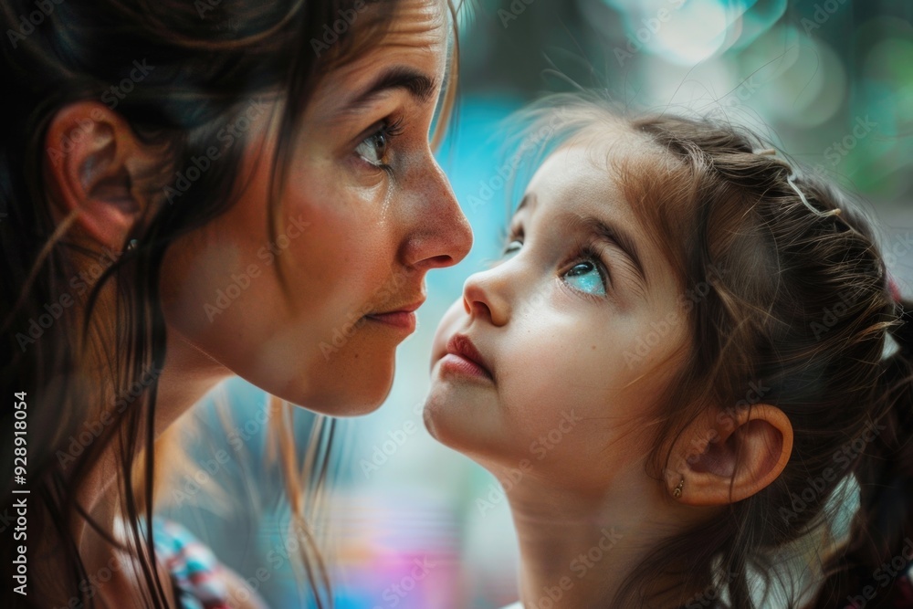A heartwarming scene of a mother and her young daughter gazing into each other's eyes A heartwarming scene of a mother and her young daughter gazing into each other's eyes