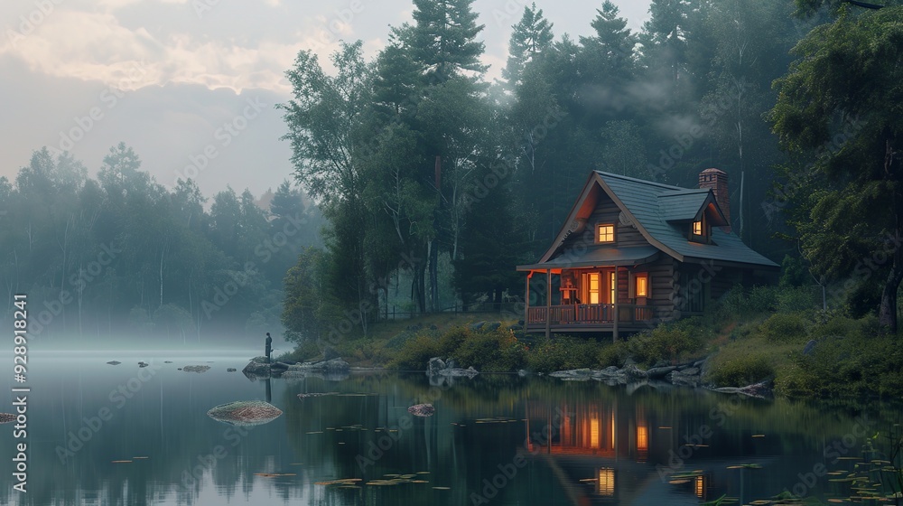 Fototapeta premium Tranquil Lakeside Retreat for Your Getaway, Foggy day