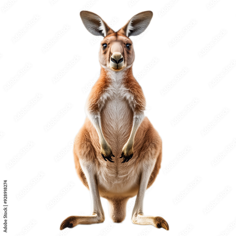 Fototapeta premium Portrait of a kangaroo full body, standing front view, isolated on transparent background, Red Kangaroo Joey Standing on White Background, png kangaroo