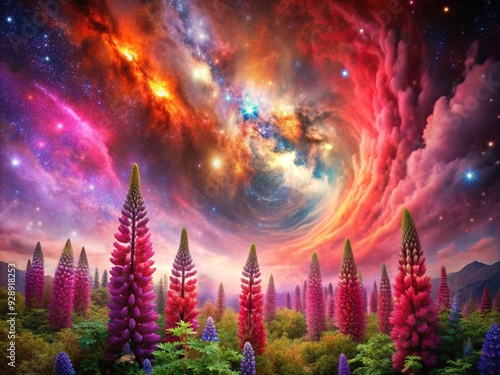 Lupine Nebula: Cosmic landscape, red lupine clouds swirling in space, ethereal and celestial photo