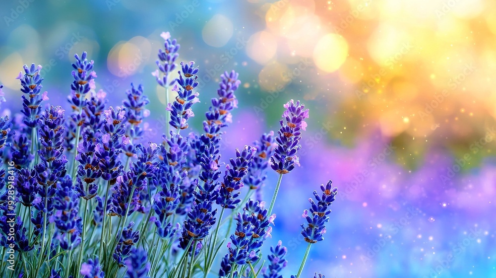 A cluster of lavender blossoms against a hazy backdrop of blue, purple, yellow, and green A cluster of lavender blossoms against a hazy backdrop of blue, purple, yellow, and green