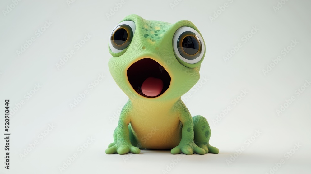 Adorable animated green frog with big eyes and a surprised expression, against a white background Adorable animated green frog with big eyes and a surprised expression, against a white background