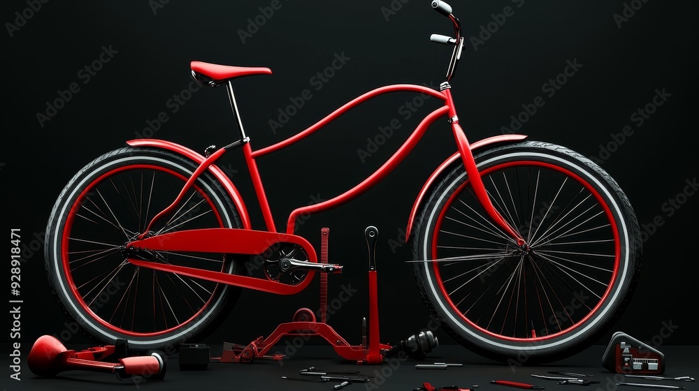 Fototapeta premium A bright red bicycle stands out against a black background, surrounded by tools.
