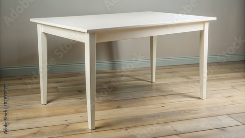 Elegant white wooden table with smooth finish and tapered legs stands against a neutral background, waiting to be styled for a rustic or modern setting. photo