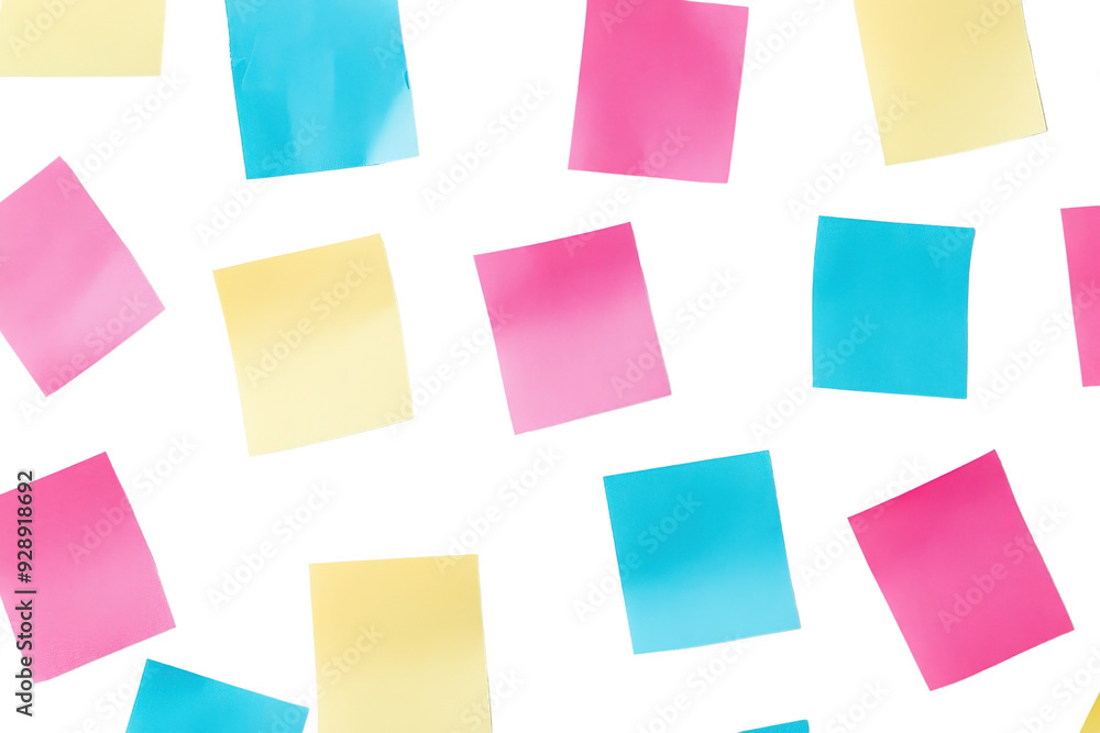 Colorful sticky notes scattered on a transparent background. Vibrant blue, pink, and yellow paper creating a playful and organized workspace. Colorful sticky notes scattered on a transparent background. Vibrant blue, pink, and yellow paper creating a playful and organized workspace.