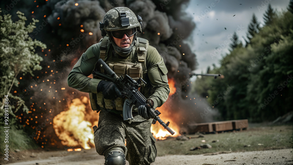 Fototapeta premium war, military soldier with rifle, explosions around, AI generated