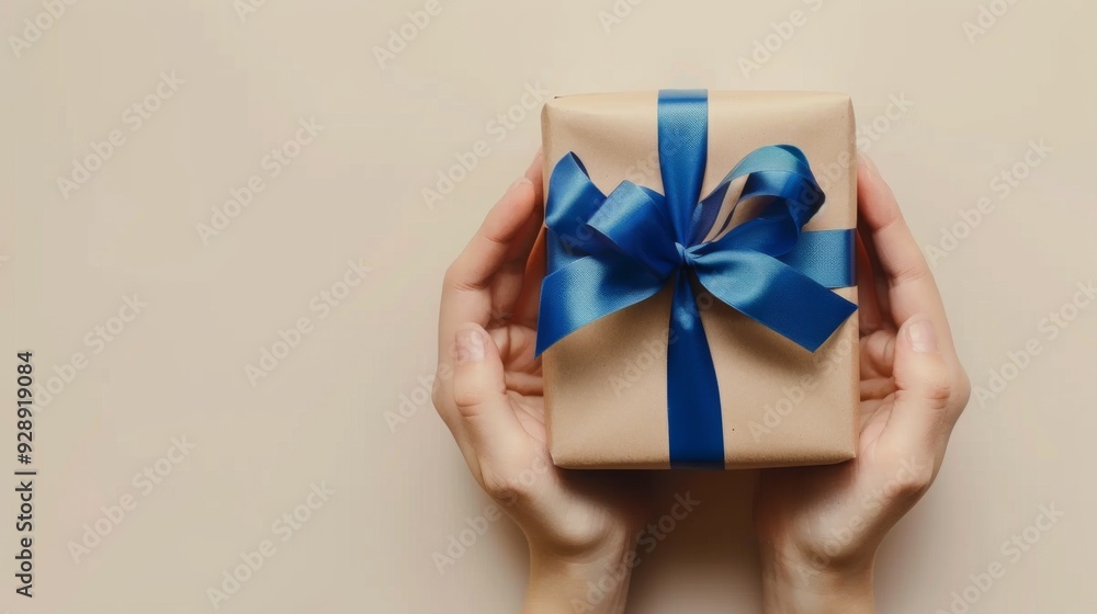 Giht box with blue ribbon with hands top view background illustration generated by ai Giht box with blue ribbon with hands top view background illustration generated by ai