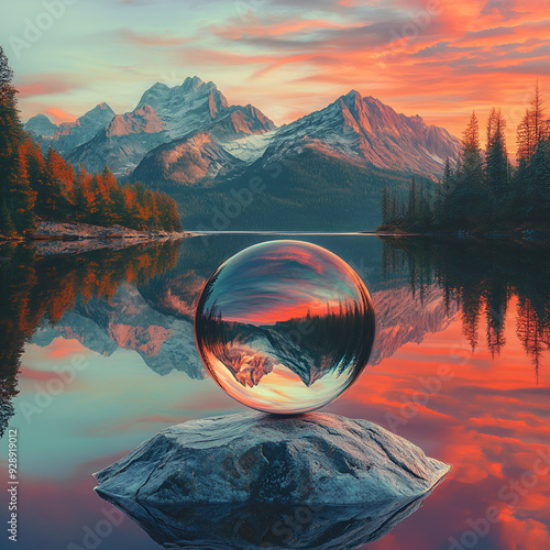 Crystal Ball in Scenic Mountain Reflection

