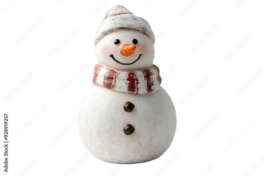 Cute smiling snowman figurine wearing a cozy winter hat and scarf, perfect for Christmas and winter decorations. Cute smiling snowman figurine wearing a cozy winter hat and scarf, perfect for Christmas and winter decorations.