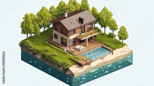 Isometric Illustration of a Lakeside Home
