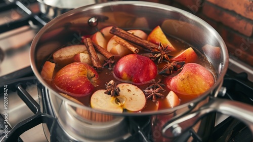 A silver pot bubbles with spiced apple cider, filled with sliced apples and cinnamon sticks, creating a warm atmosphere. photo