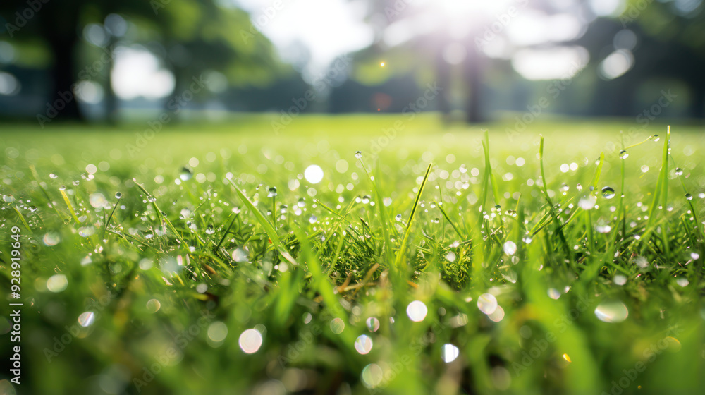 Close-up of fresh green grass with water droplets on the blades. Early morning dew on grass. Natural purity. Close-up of fresh green grass with water droplets on the blades. Early morning dew on grass. Natural purity.
