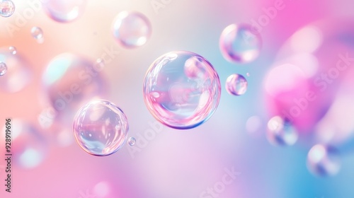 Colorful liquid soap bubbles in sphere circle ball shape floating in air. Round soft water blob poster, glossy shampoo balloon, gradient, reflection, clean, trendy