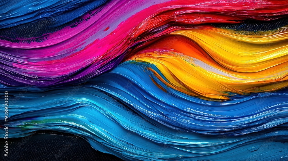 A close-up of a vibrant painting with waves of blues, yellows, reds, oranges, and pinks A close-up of a vibrant painting with waves of blues, yellows, reds, oranges, and pinks