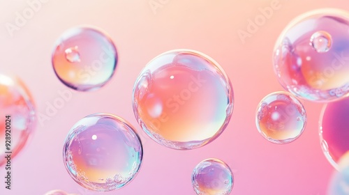 Colorful liquid soap bubbles in sphere circle ball shape floating in air. Round soft water blob poster, glossy shampoo balloon, gradient, reflection, clean, trendy