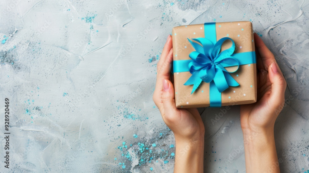 Giht box with blue ribbon with hands top view background illustration generated by ai Giht box with blue ribbon with hands top view background illustration generated by ai