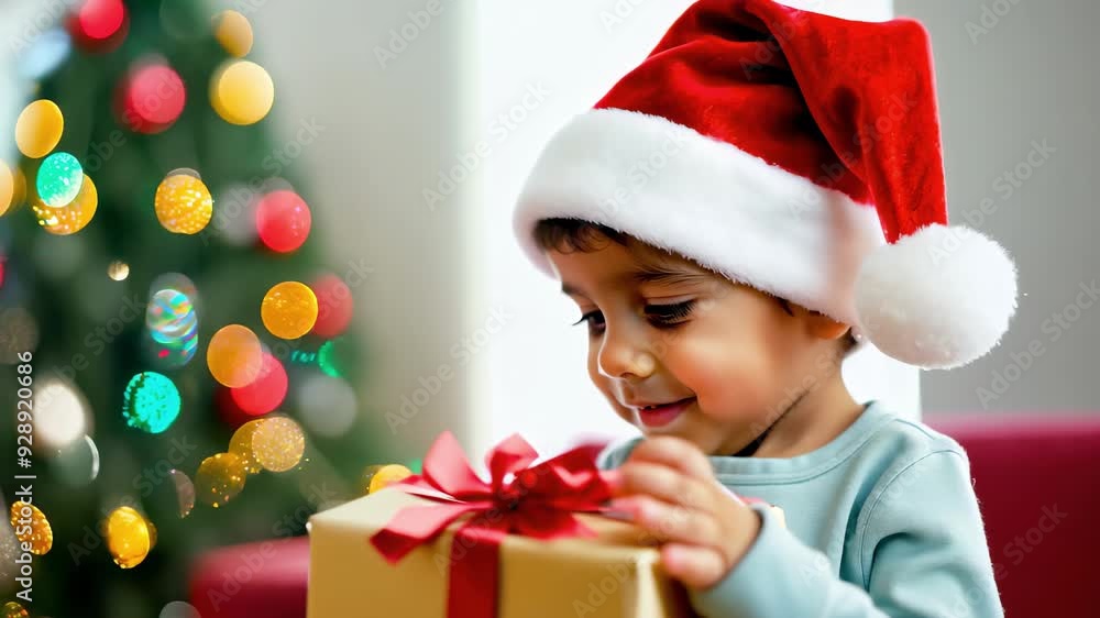 Joyful young boy in a Santa hat unwrapping a gift near a decorated Christmas tree. Concept of holiday spirit, family celebrations, and festive moments. Joyful young boy in a Santa hat unwrapping a gift near a decorated Christmas tree. Concept of holiday spirit, family celebrations, and festive moments.