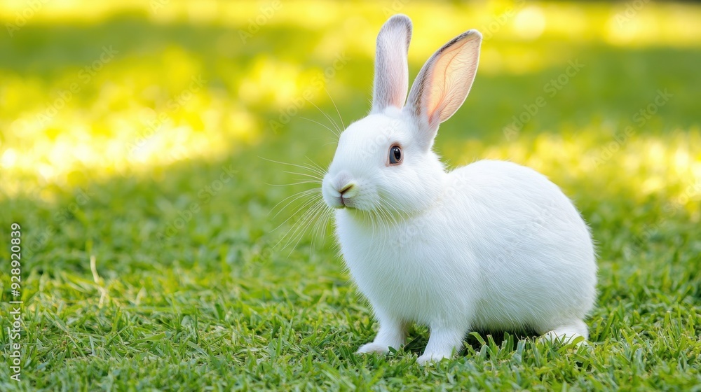 Cute White Rabbit Sitting in a Green Grass Meadow Cute White Rabbit Sitting in a Green Grass Meadow