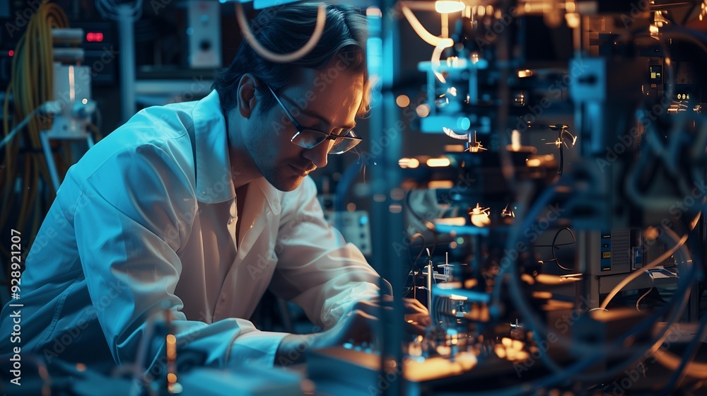 A scientist in a lab coat works on complex machinery in a dimly lit laboratory. A scientist in a lab coat works on complex machinery in a dimly lit laboratory.