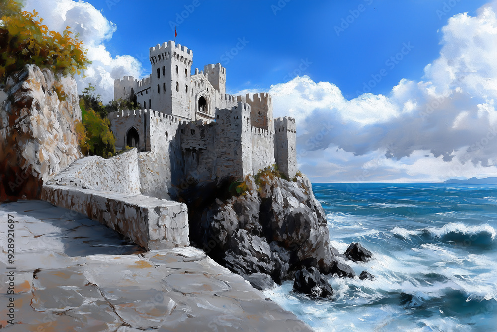 An ancient castle perched on a cliff, overlooking a stormy sea, in gouache. Generative AI. An ancient castle perched on a cliff, overlooking a stormy sea, in gouache. Generative AI.