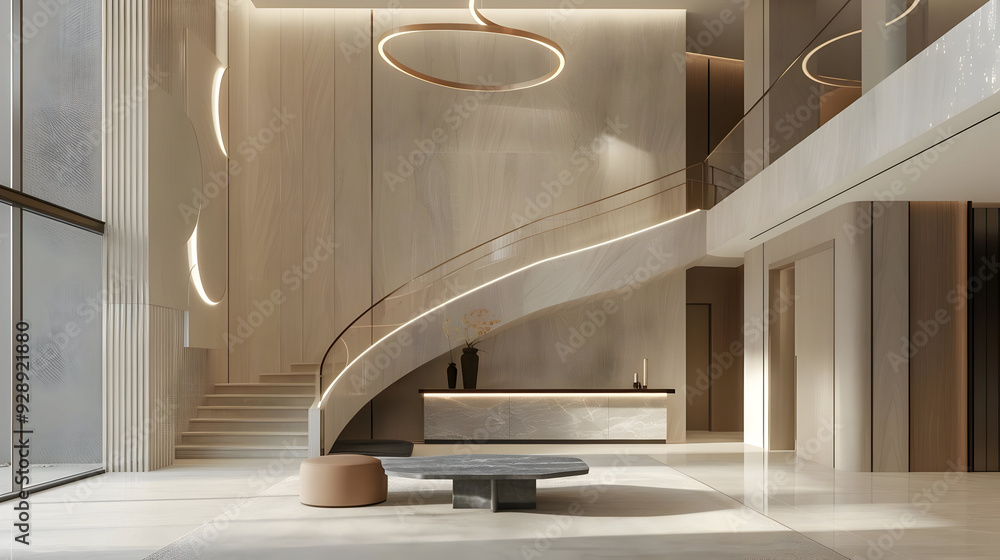 Modern Minimalist Interior Design with Curved Staircase and Beige Walls - 3D Illustration Modern Minimalist Interior Design with Curved Staircase and Beige Walls - 3D Illustration