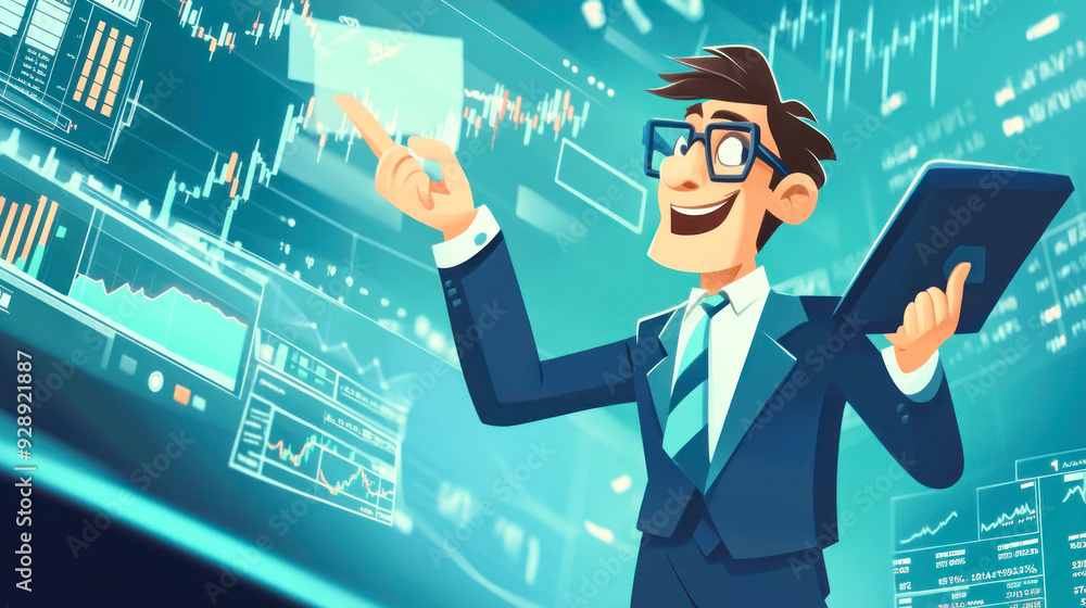 Businessman analyzing stock market data on screens. Businessman analyzing stock market data on screens.