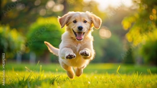 Energetic golden retriever puppy jumping high in the air, wagging its tail with enthusiasm, surrounded by blurred outdoor environment and vibrant green grass.