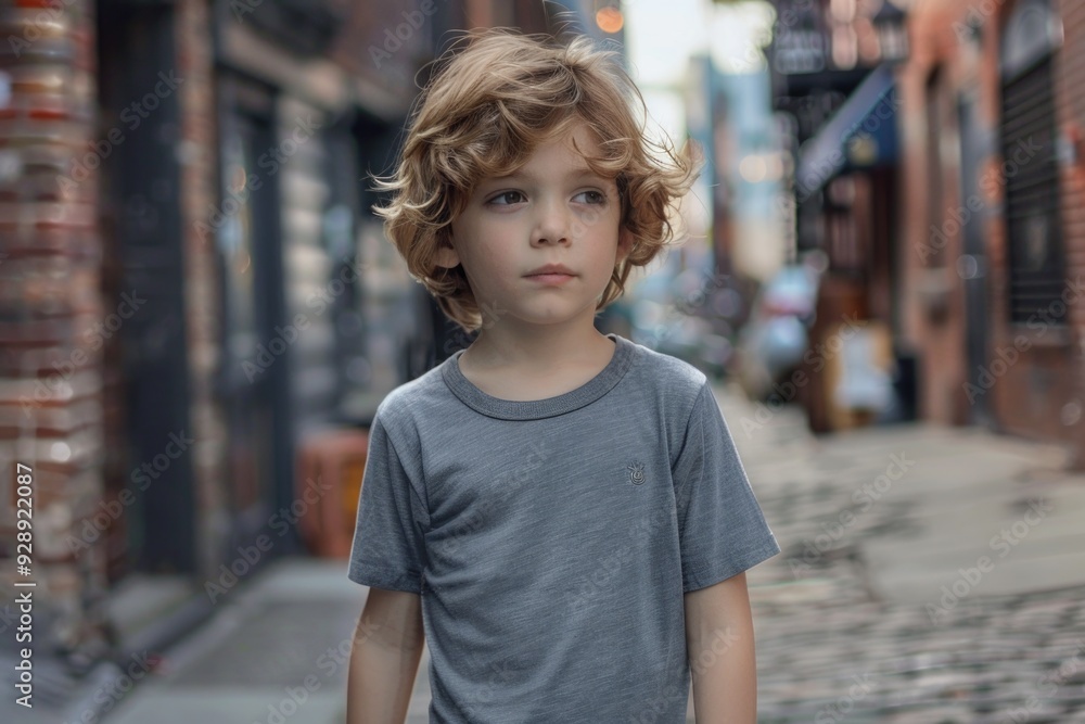 A young boy stands alone on a city street, looking around A young boy stands alone on a city street, looking around