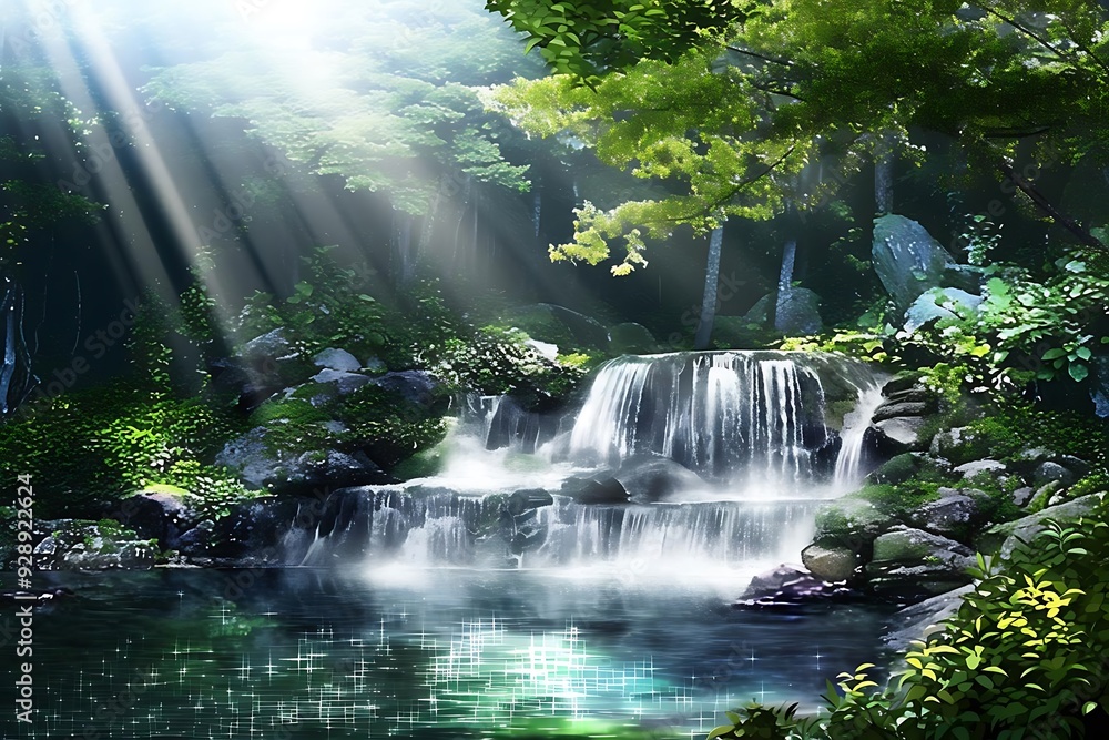 Enchanted Waterfall Illustration with Sunlight Streaming Through Trees Enchanted Waterfall Illustration with Sunlight Streaming Through Trees