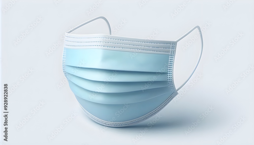 Light blue medical face mask laying on a neutral gray background conveying protection and hygiene. Light blue medical face mask laying on a neutral gray background conveying protection and hygiene.