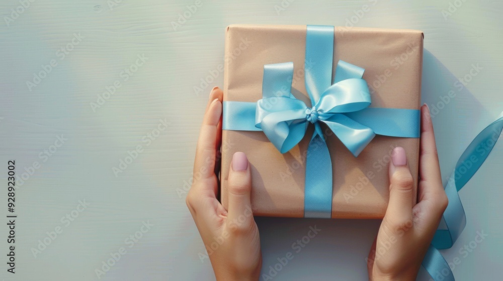 Giht box with blue ribbon with hands top view background illustration generated by ai Giht box with blue ribbon with hands top view background illustration generated by ai