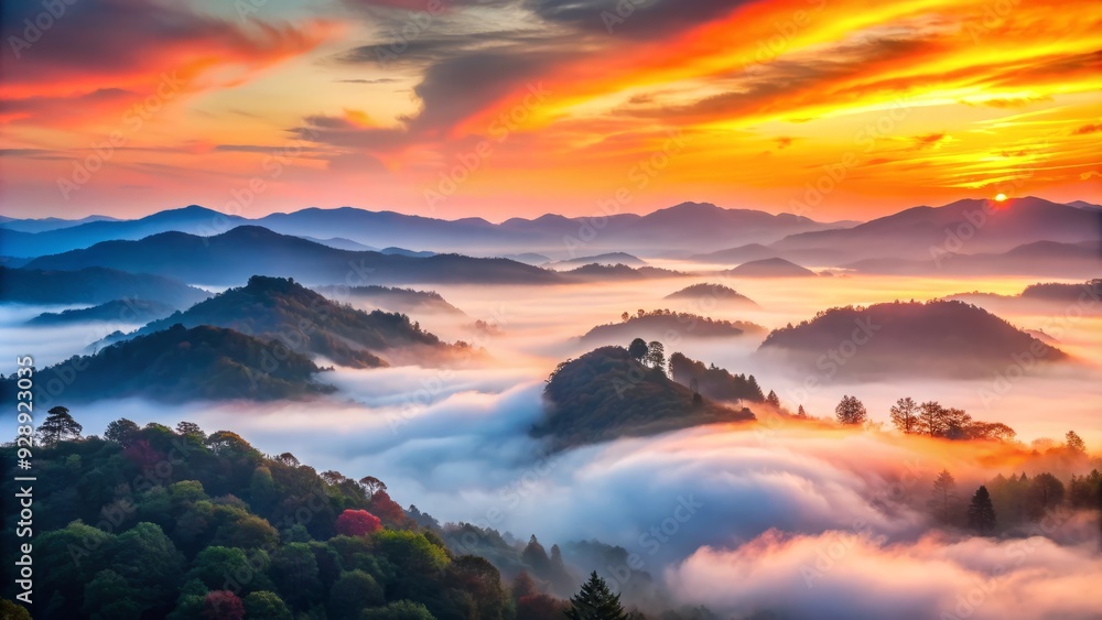 Obraz premium Ethereal misty dawn breaks over undulating hills, vibrant hues of orange and pink bleeding into soft blue skies, serene and surreal natural landscape.