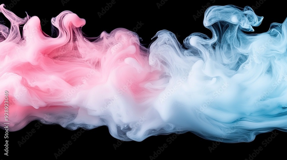 A pink and blue cloud of smoke in the shape of a wave on a black background A pink and blue cloud of smoke in the shape of a wave on a black background