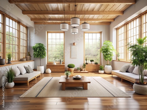 Serene Sanctuary: Neutral whites, warm wood accents, natural light, peaceful atmosphere, meditative space.