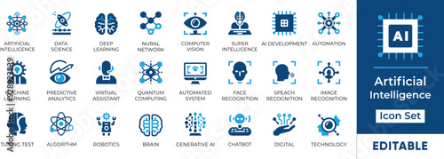 Artificial Intelligence Icon Set featuring essential AI concepts like machine learning, deep learning, and computer vision. Perfect for tech presentations, websites, and apps. Editable vector graphics