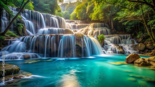 Ethereal scene of turquoise water pouring over rocky layers, creating a mesmerizing cascade of reflected light, mist, and natural beauty in a serene atmosphere.