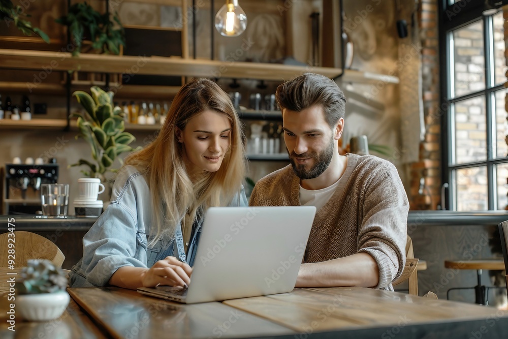 Young Couple Using Laptop in Cafe Young Couple Using Laptop in Cafe