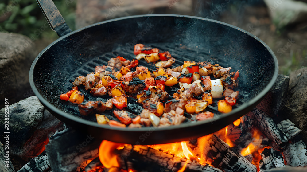 Outdoor grill cooking at campfire. Grilling up a delicious meal Outdoor grill cooking at campfire. Grilling up a delicious meal