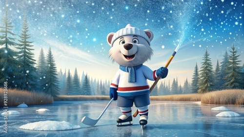 Excited cartoon polar bear wearing hockey gear and holding a stick, standing in front of a frozen pond with snowflakes gently falling around him. photo