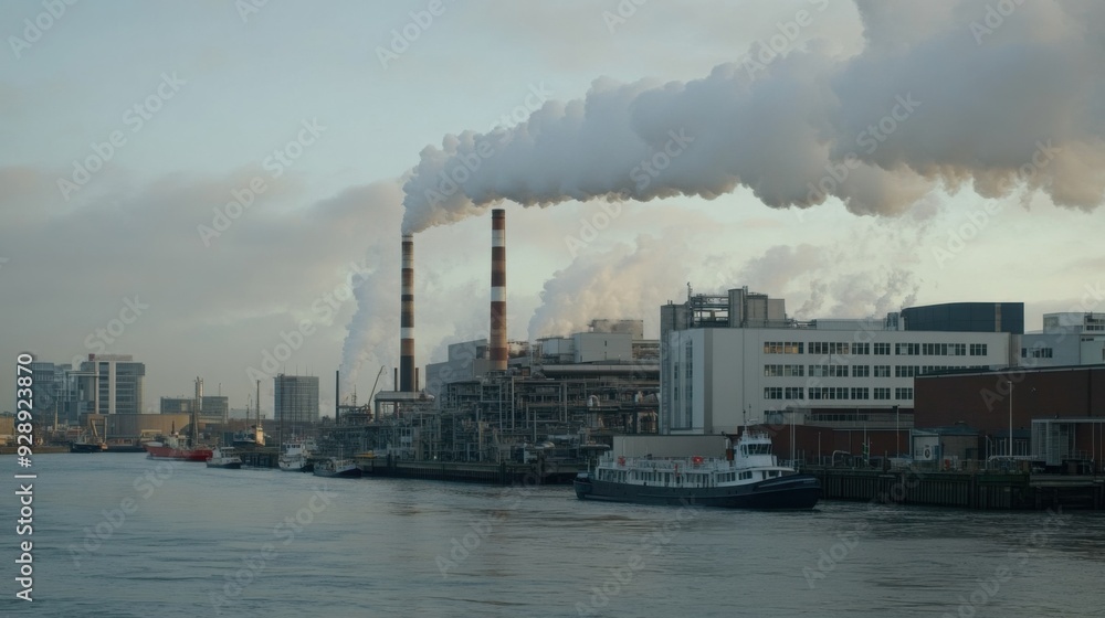 A factory beside a river, with smoke rising from chimneys under a cloudy sky, highlighting industrial activity and pollution. A factory beside a river, with smoke rising from chimneys under a cloudy sky, highlighting industrial activity and pollution.