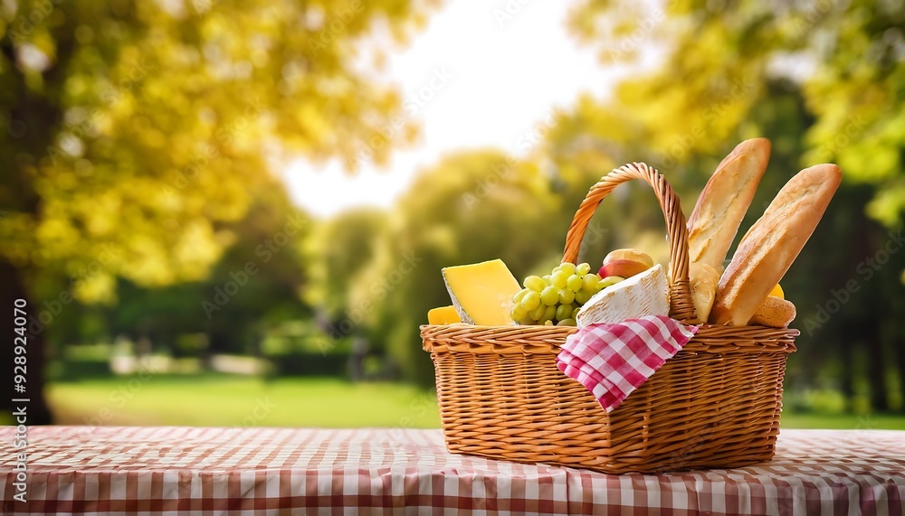 Picnic Basket and Treats - A tabletop mockup with a yellow checkered tablecloth displaying a picnic basket near the garden view. Graphic art illustration Picnic Basket and Treats - A tabletop mockup with a yellow checkered tablecloth displaying a picnic basket near the garden view. Graphic art illustration